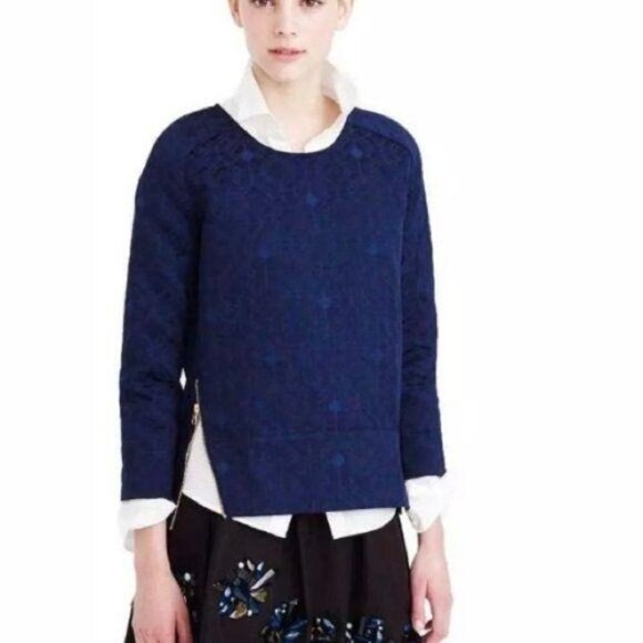 J. Crew Brocade Blue Zip Quilted Layering Top Women's Size 00 3/4 Sleeve Texture - Picture 1 of 9